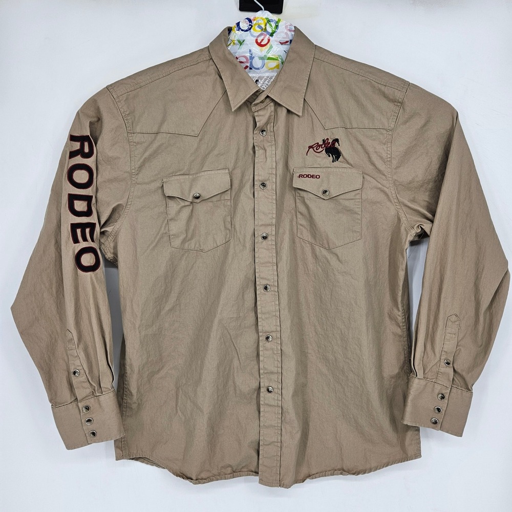Rodeo Clothing Shirt Mens 2XL Embroidered Pearl Snap Western Long Sleeve Tan‎